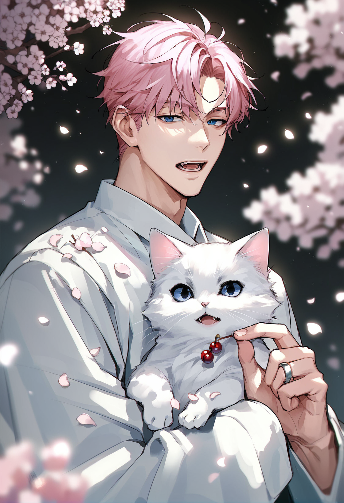 04546-3464377646-_lora_muksal3.0_0.7_,muksal,1boy,cat,blue eyes,pink hair,ring,open mouth,cherry blossoms,looking at viewer,animal,petals,solo,wh.png